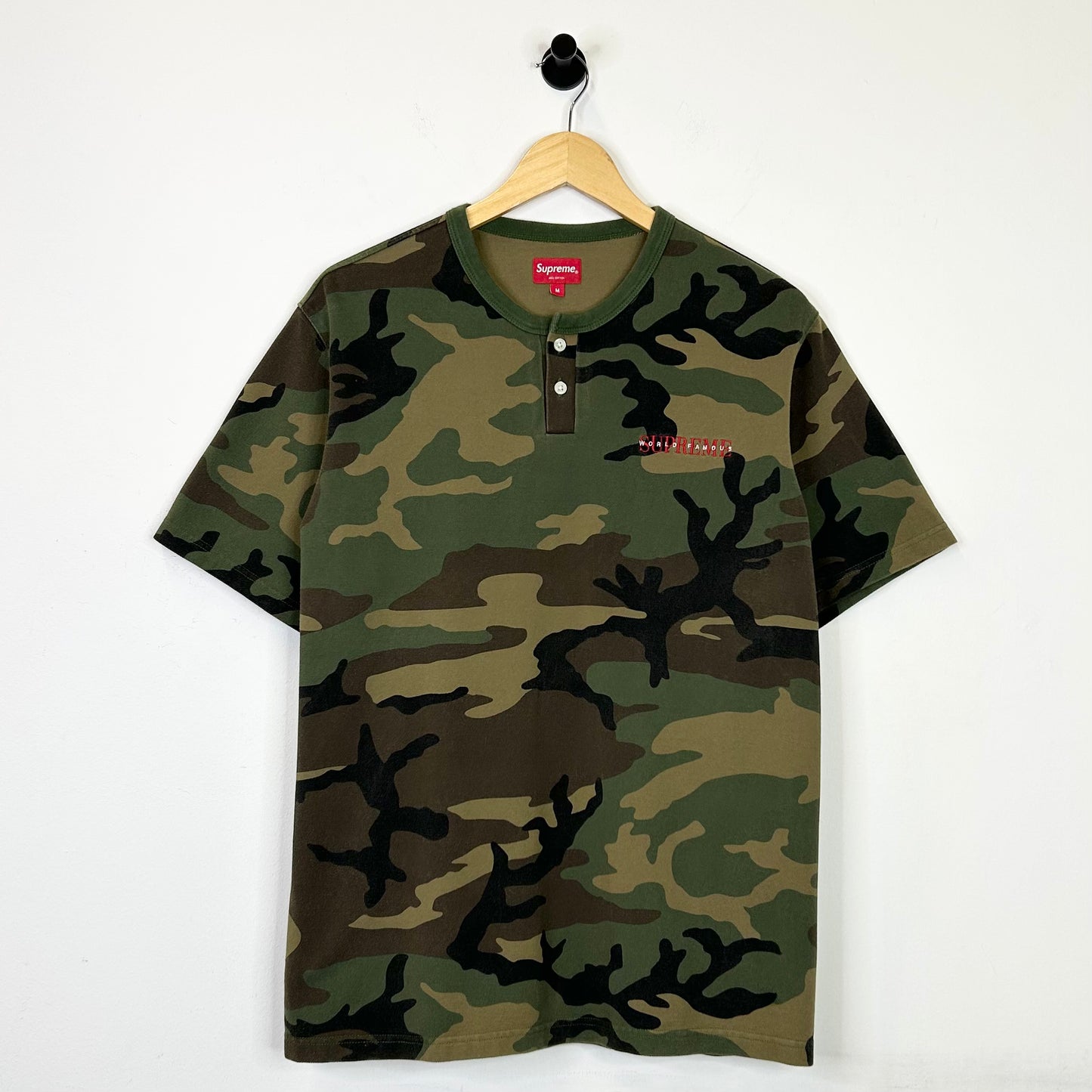SUPREME WORLD FAMOUS CAMO BUTTON UP TEE