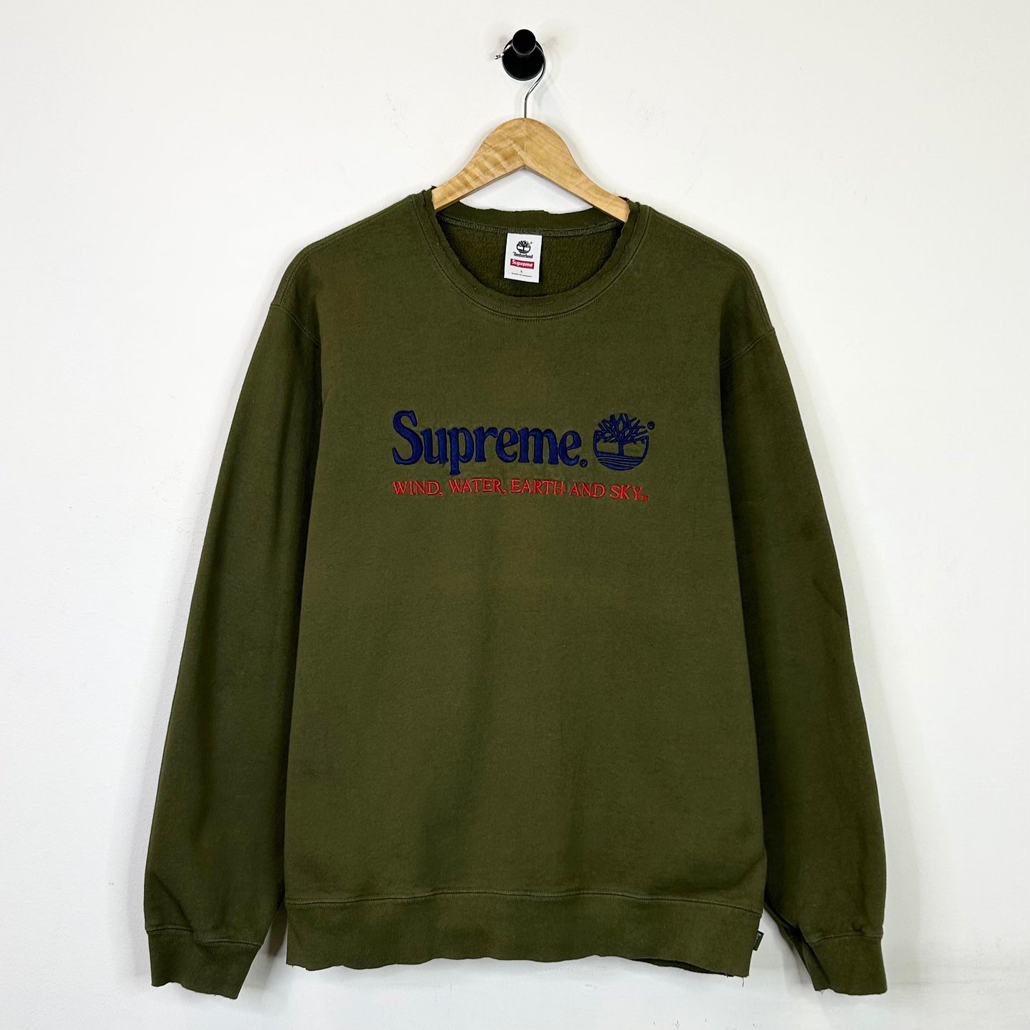 SUPREME TIMBERLAND OLIVE EMBROIDERED CREWNECK