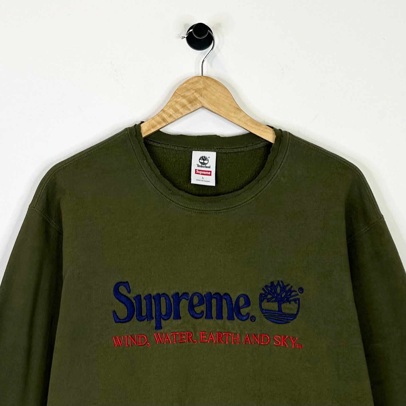 SUPREME TIMBERLAND OLIVE EMBROIDERED CREWNECK