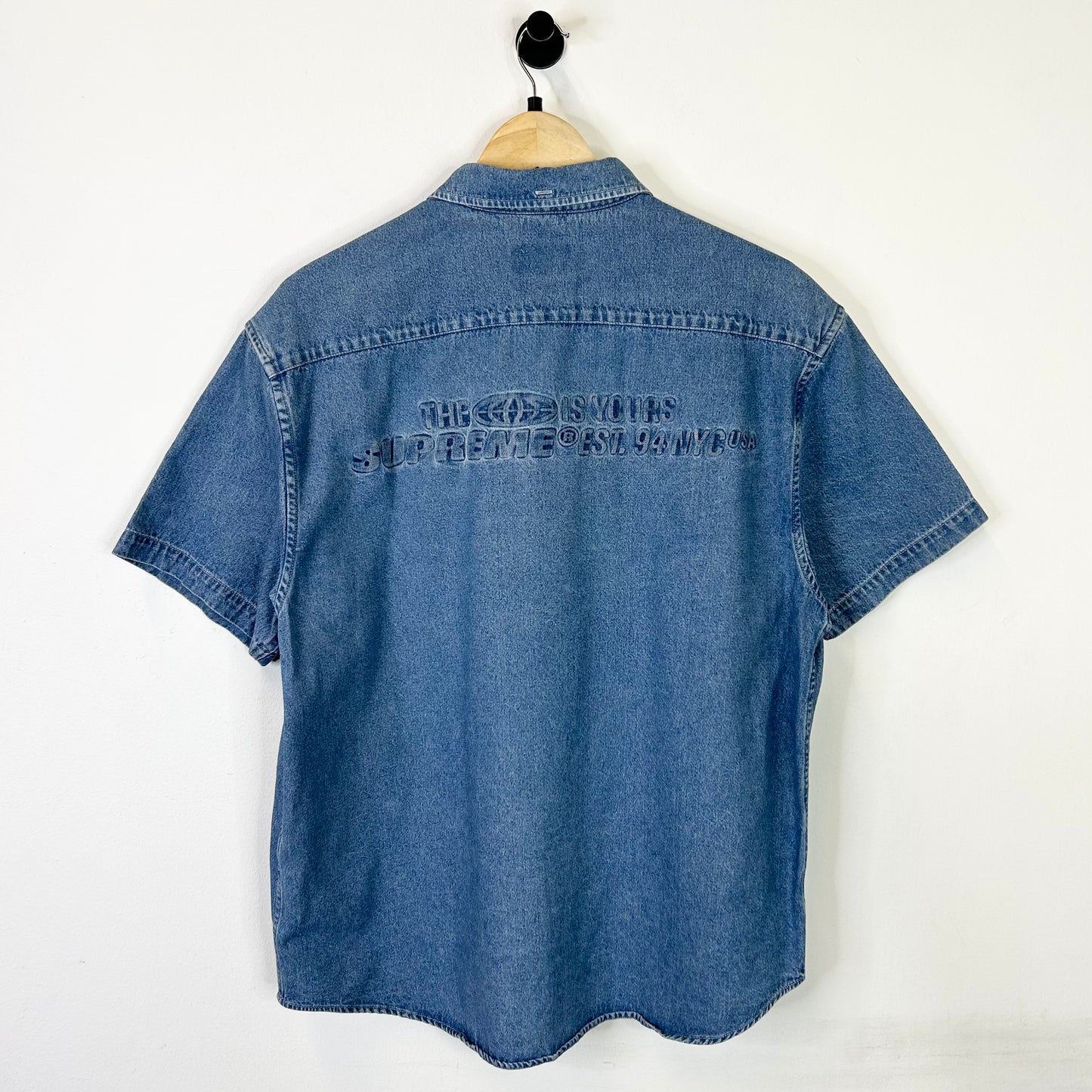 SUPREME THE WORLD IS YOURS DENIM BUTTON UP TEE